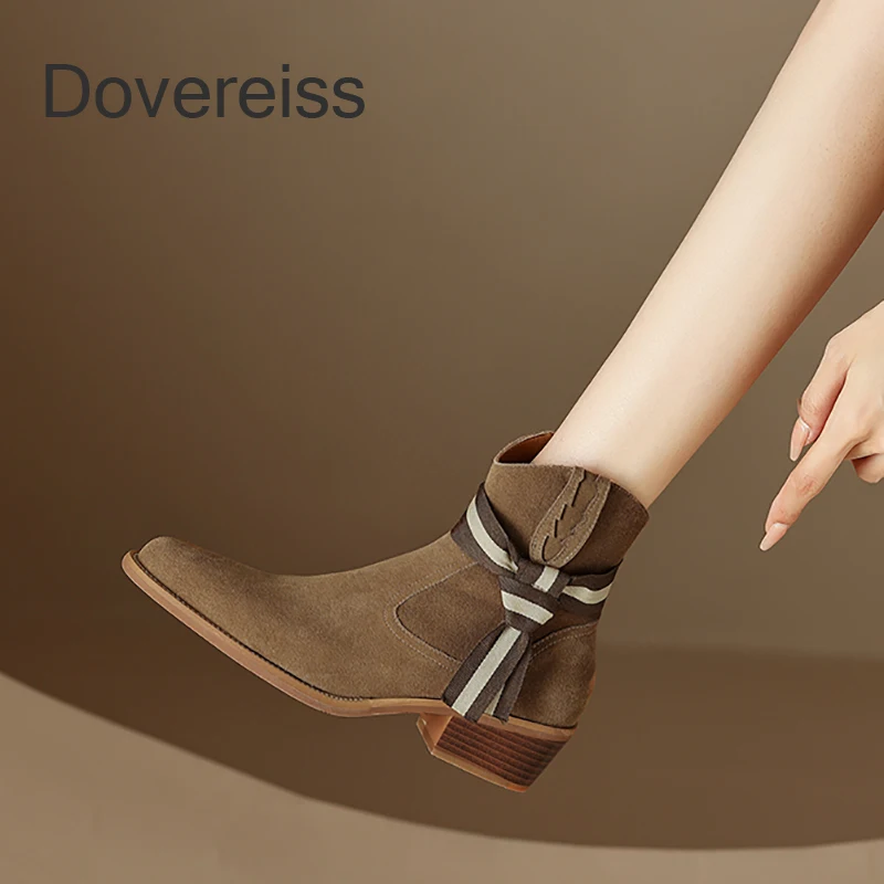 

2022 Winter Pure Color Female Boots Slip On Ankle Boots Matin Brown Chunky Heels Genuine Leather Short Metal Chain Ladies Boots