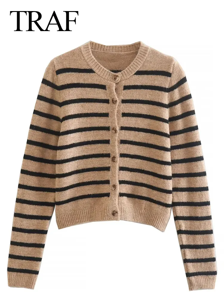 

Женский трикотажный кардиган в полоску, с круглым вырезом и длинным рукавом