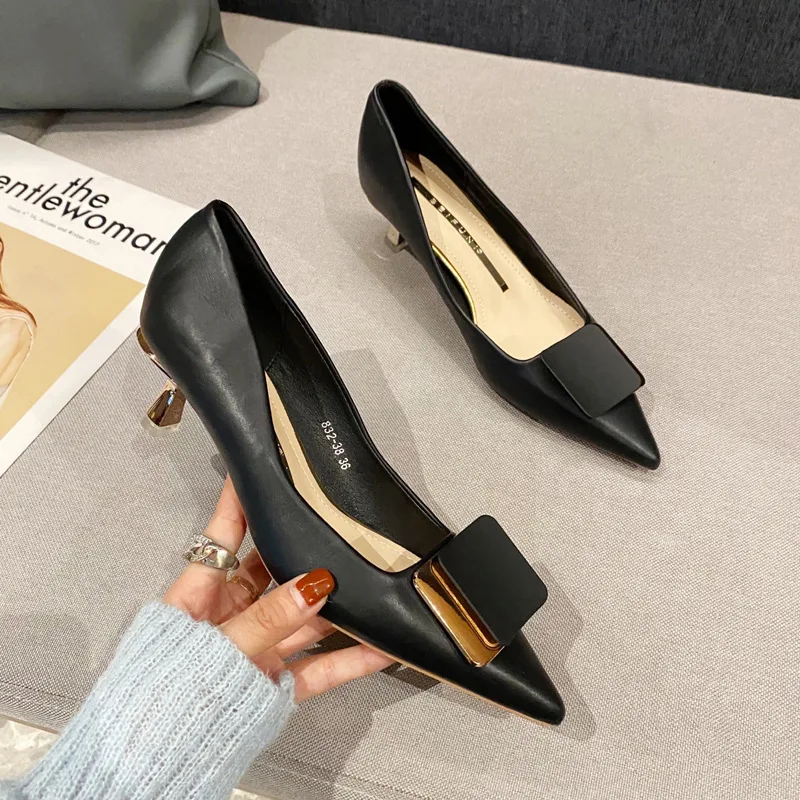 

Women's early spring new pointy all-match French narrow heel square buckle shallow mouth single heel work shoes