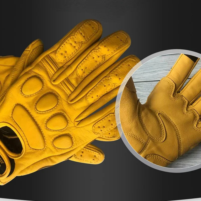 Retro Sheepskin Breathable Leather Motorcycle Gloves Racing Gloves Men's Motocross Winter&Summer Gloves Full/Half-finger Gloves images - 6