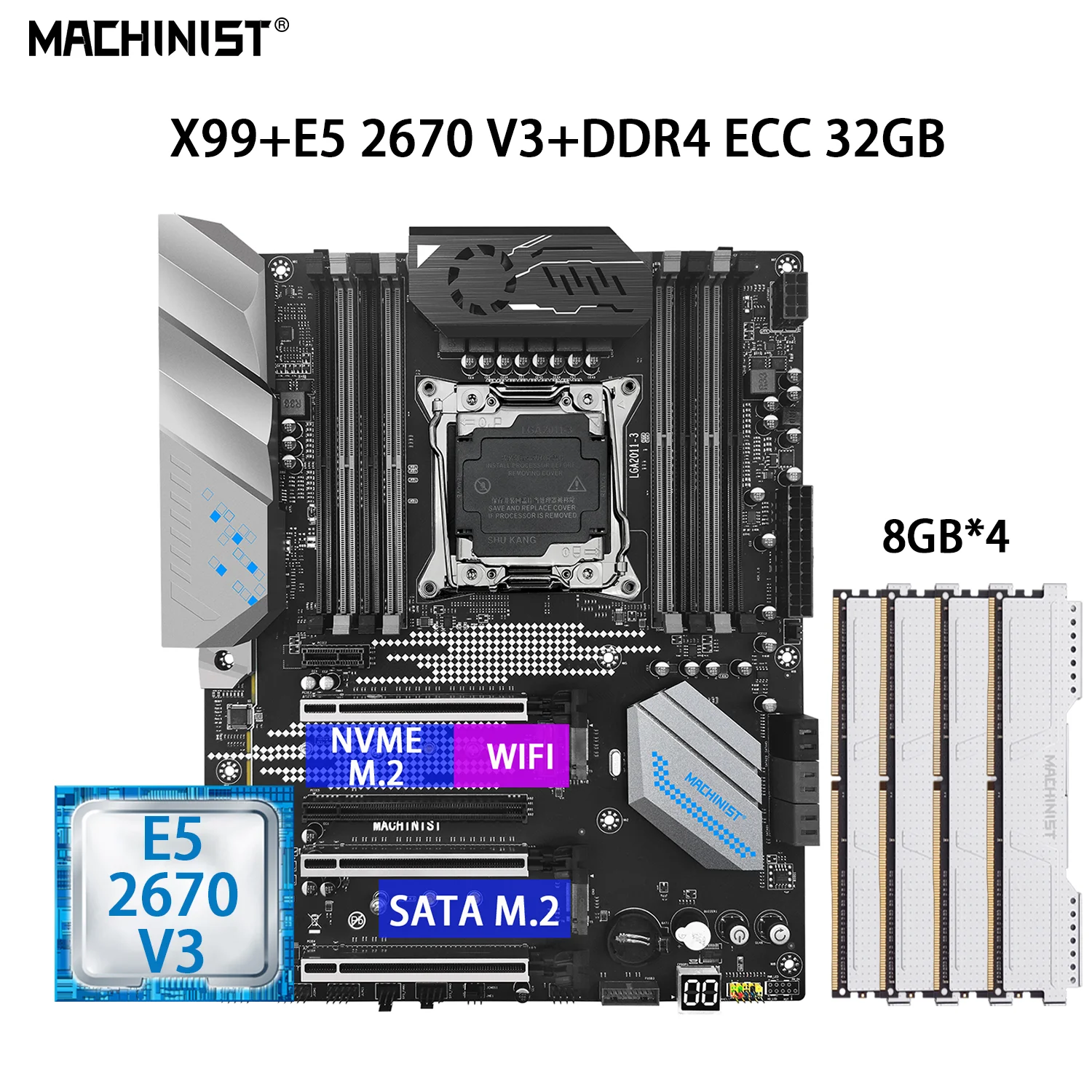 

MACHINIST E5 Motherboard LGA 2011-3 With Intel Xeon E5 2670 V3 CPU Kit Set 4PCS*8GB=32GB DDR4 ECC RAM ATX NVME USB 3.0 E5 MR9S