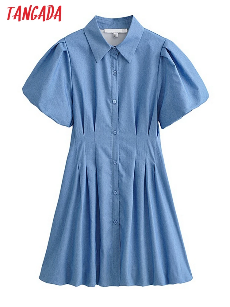 

Летнее женское синее платье-рубашка Tangada 2023, женское мини-платье с коротким рукавом 3D07