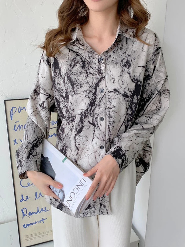 

Spring Chiffon Casual Shirts Ink Painting Rendering Print Design Women Blouses BF Style Loose Fashion Oversize Female Tops