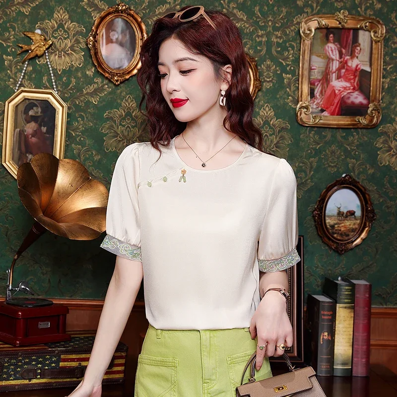 Женская шифоновая блузка с коротким рукавом и круглым вырезом