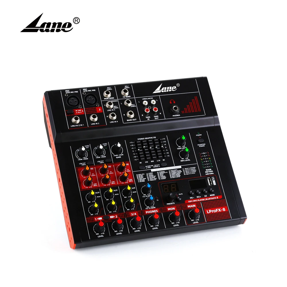 

Lane LProFX-8 Good Quality Built in 24 bit mobile live broadcast function USB port Mp3 Blue tooth 5.0 player mini o mixer