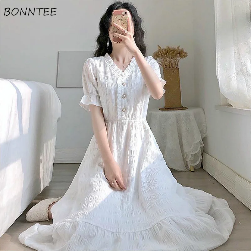 

Dress Women Vintage White Popular Summer Chic Design College Girls Dresses Lovely Ruffles High-Waist Elegant Ladies Holiday Wear