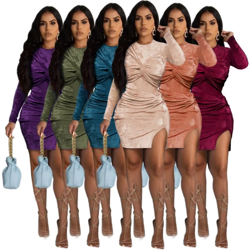 

Hot Autumn Winter Women Solid Velvet Two Piece Set Long Sleeve Bodycon Bodysuit And Mini Skirt Matching Suits Club Outfits New