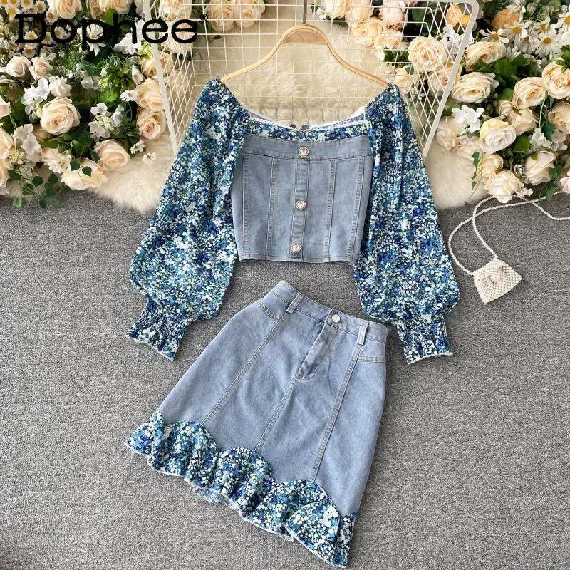 

Fashion Denim Short Skirt Suit Women's Floral Puff Sleeve Stitching Jean Shirt Crop Tops Femme Ruffles Hip Skirt Two-Piece Sets