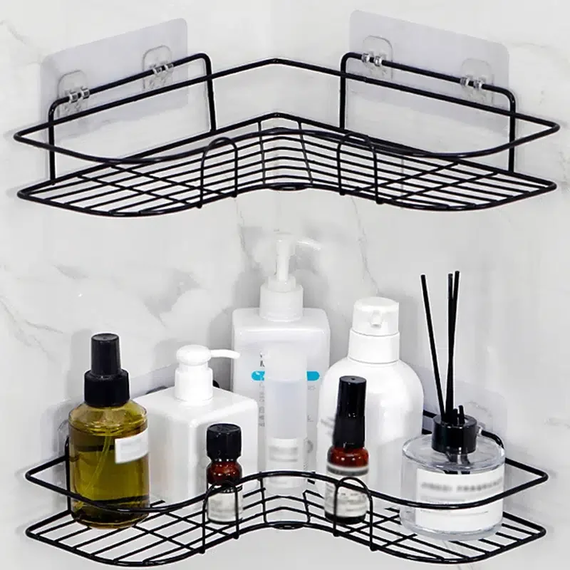 

1pc Wrought-iron Bathroom Shelf, Corner Non-perforated Storage Rack, Wash Rack, Kitchen Self-adhesive Tripod With 4 Hooks