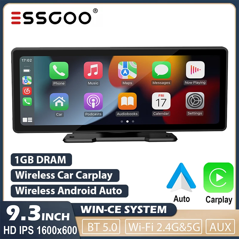 

ESSGOO 9.3” Wireless Carplay Car Radio Dashboard Monitor Android Auto Video MP5 Player WiFi Mirror Connection FM For VW BMW KIA