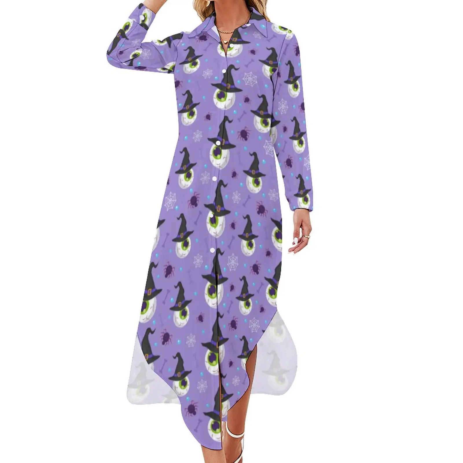 

Witch Hats And Eyeballs Chiffon Dress Sexy V Neck Abstract Print Elegant Dresses Womens Street Style Casual Dress Gift Idea