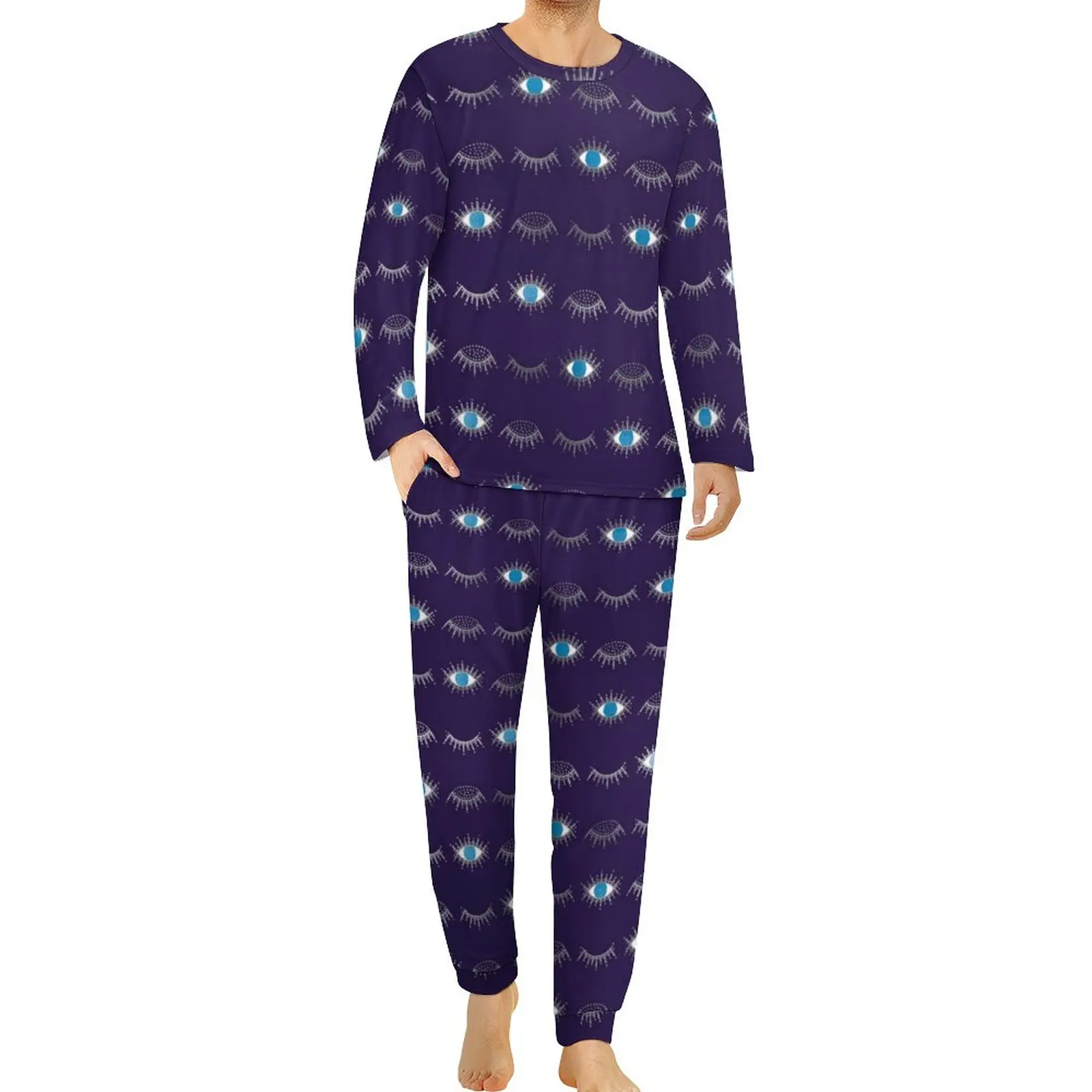 

Blue Evil Eye Pajamas Autumn 2 Pieces Nazar Mati Print Warm Pajama Sets Mens Long Sleeve Casual Custom Sleepwear Large Size 6XL