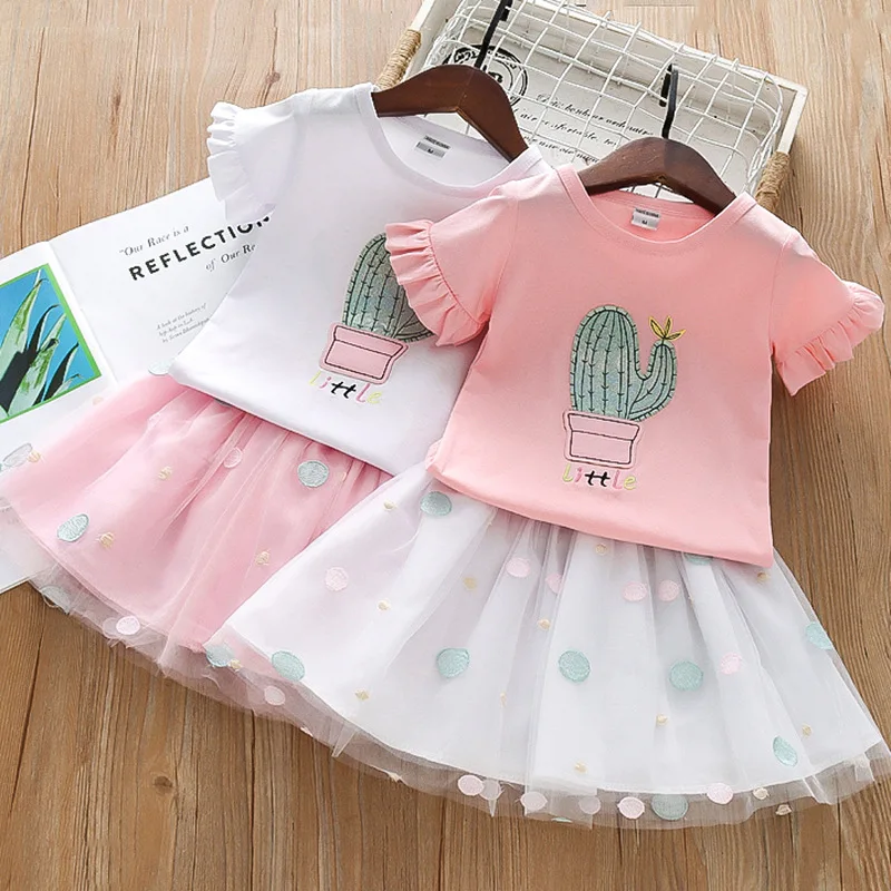 

Summer Kids Clothes Cactus Cartoon Embroidery Short Sleeve T Shirt&mesh Skirt Two Piece Set Toddler Girls Clothing Outfits