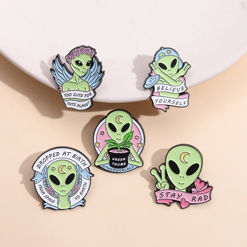 

Believe Yourself Enamel Pins Custom Alien Inspirational Quotes Brooches Lapel Badges Funny Banners Jewelry Gift For Friends