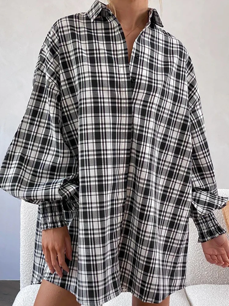 

2023 Autumn Women's Print Plaid Shirt Loose Long Sleeve Single Breasted Solid Top Female Elegant Office Lady Streetwear Shirts