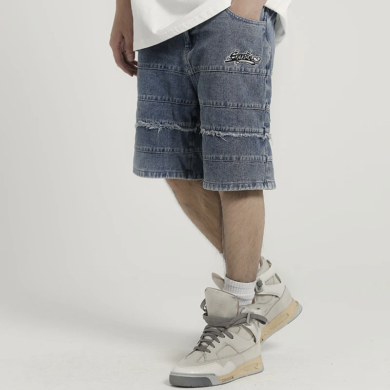 

Ripped Tassel Striped Letter Embroidery Washed Retro Denim Shorts for Men and Women High Street Loose Casual Knee Length Pants
