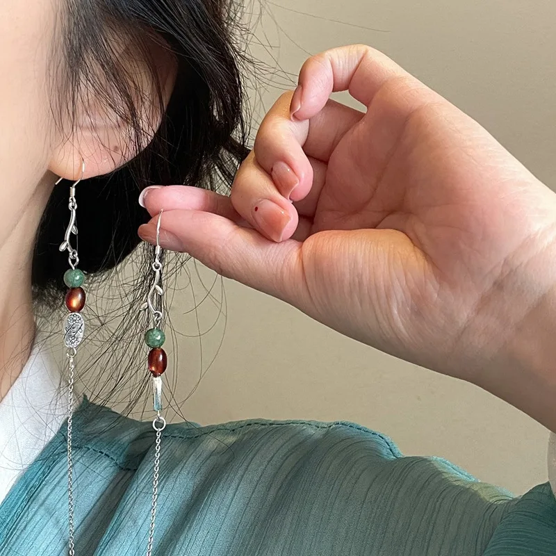 

2023 Popular Creativity Traditional Exquisite Jade Branch Pendant Long Tassel Earrings Niche Design Elegant Women's Jewelry Gift
