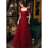 classic square neck burgundy evening dress bust pleated empire high waist elegant tulle sequin long homecoming dress