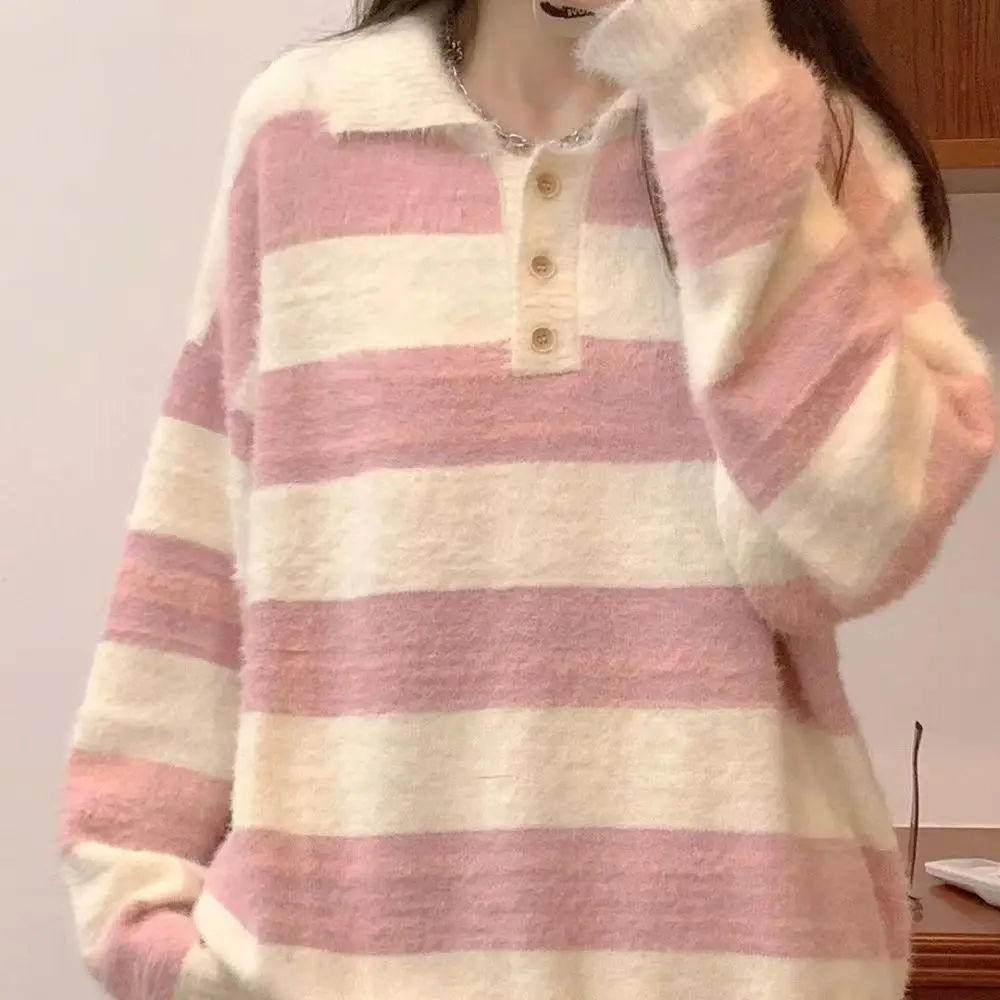 

Polo neck knit sweater for women's autumn design striped student coat top