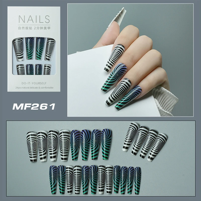 

2021 поддельные накладки для ногтей, длинные плоские ногти, крутые черные линии, дизайн ногтей, Готовые накладные накладки для ногтей, готовые...