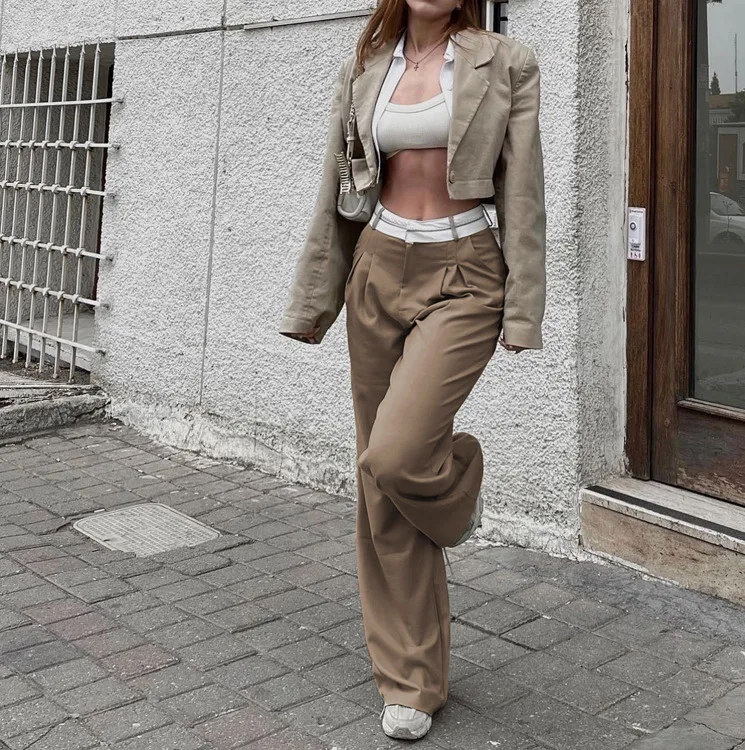 

Sigutan 2023 New Elegant Loose Gray Office Women Pants High Waist Straight Trousers Casual Spliced Full Length Female Pants