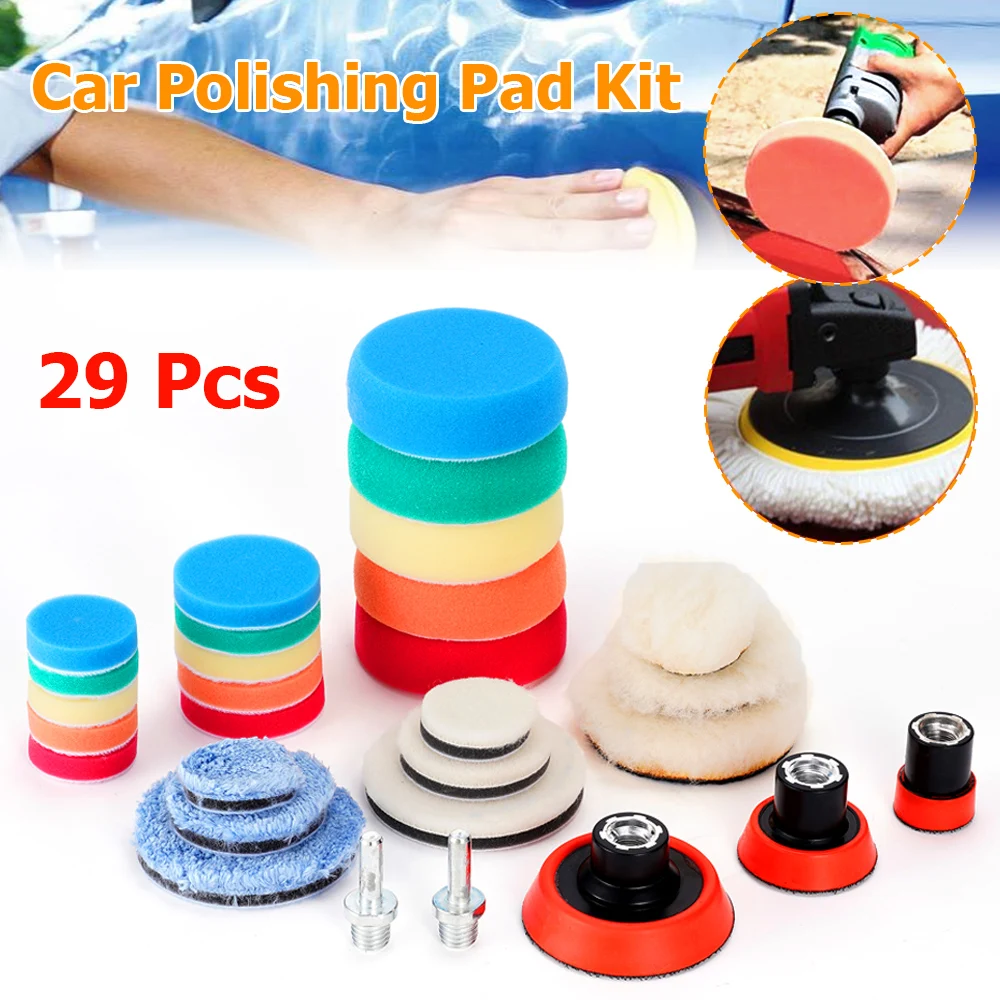 

29Pcs Car Polishing Pad Sponge 1/2/3 Inch Buffing Waxing Clean Polish Buffer Drill+M14 Back Pad Adapter Repair Removes Scratches