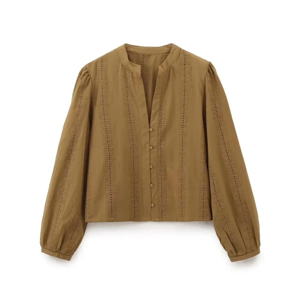 Женская блузка с вышивкой V-образным вырезом и длинным рукавом