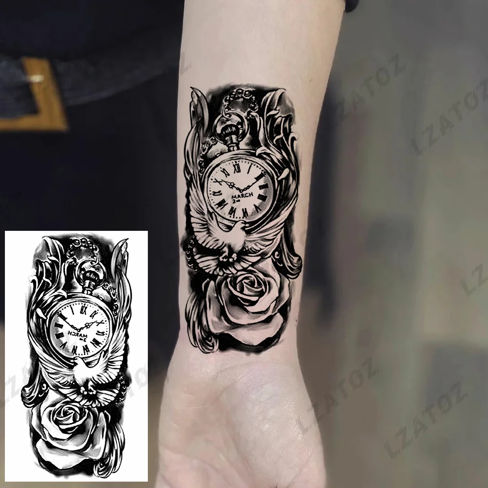 

Realistic Flower Dove Compass Temporary Tattoos For Woman Adults Crown Wolf Totem Fake Tattoo Sticker Sexy Body Art Tatoos