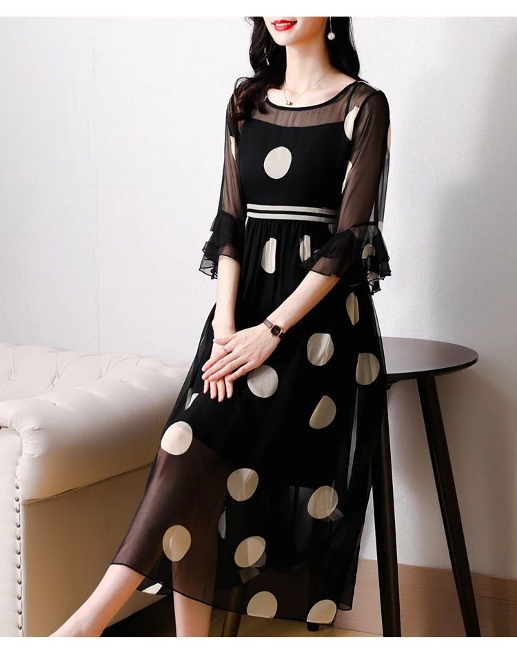 

2023 Spring/Summer New Silk Polka Dot Print Dress for Women's Bohemian Black Mesh Spliced Waistband Slim Over Knee Long Dress