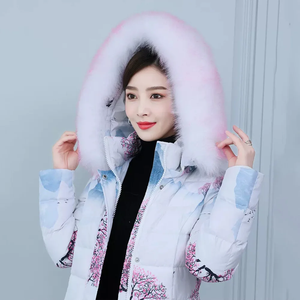 New Women Thicken Warm Down Coat Winter Fashion Real Fox Fur Collar Landscape Print Lengthened Down Jacket Slim Overcoat Female