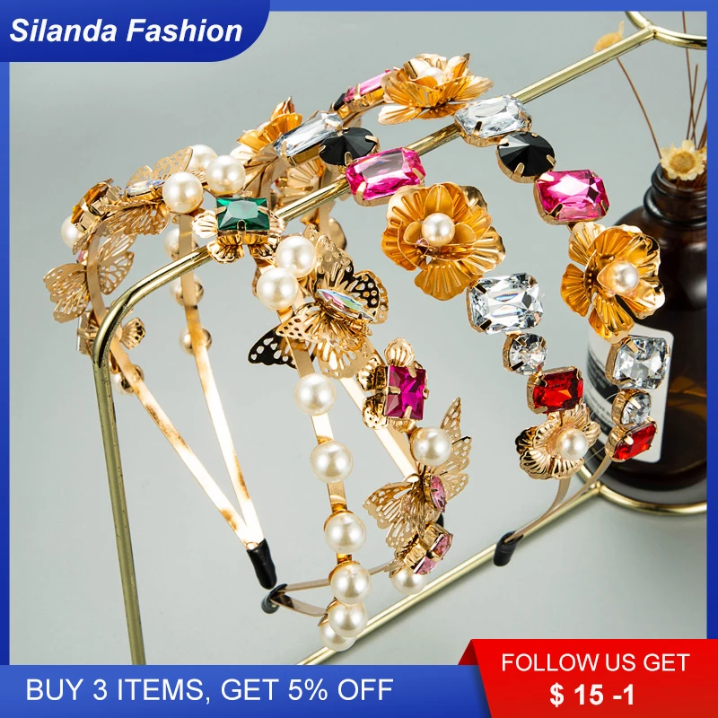 

Silanda Fashion Women's Metallic Hair Band Trendy Rhinestone Pearl Inlaid Double Circle Alloy Party Gift Headband Hair Ornaments