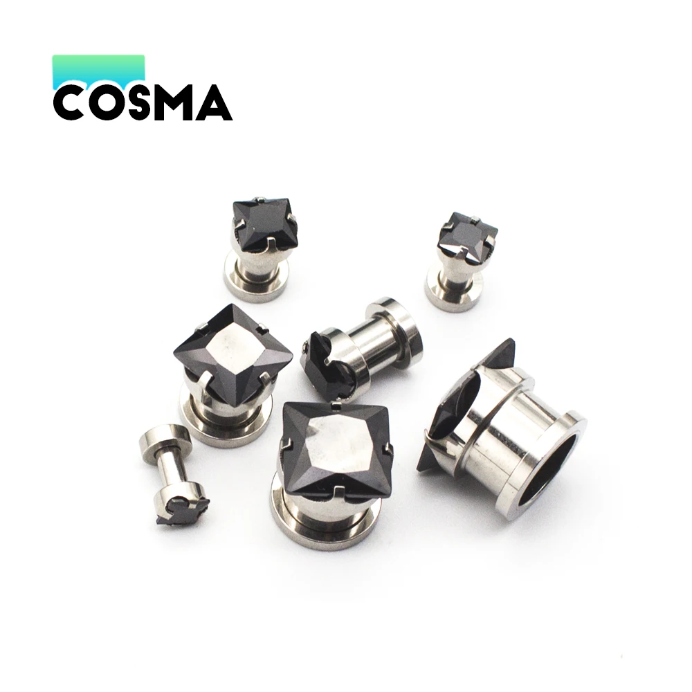 

COSMA 1 Pair Stainless Steel Square Zirconia 3-12mm Black Statement Trend Ear Expander Body Piercing Jewelry