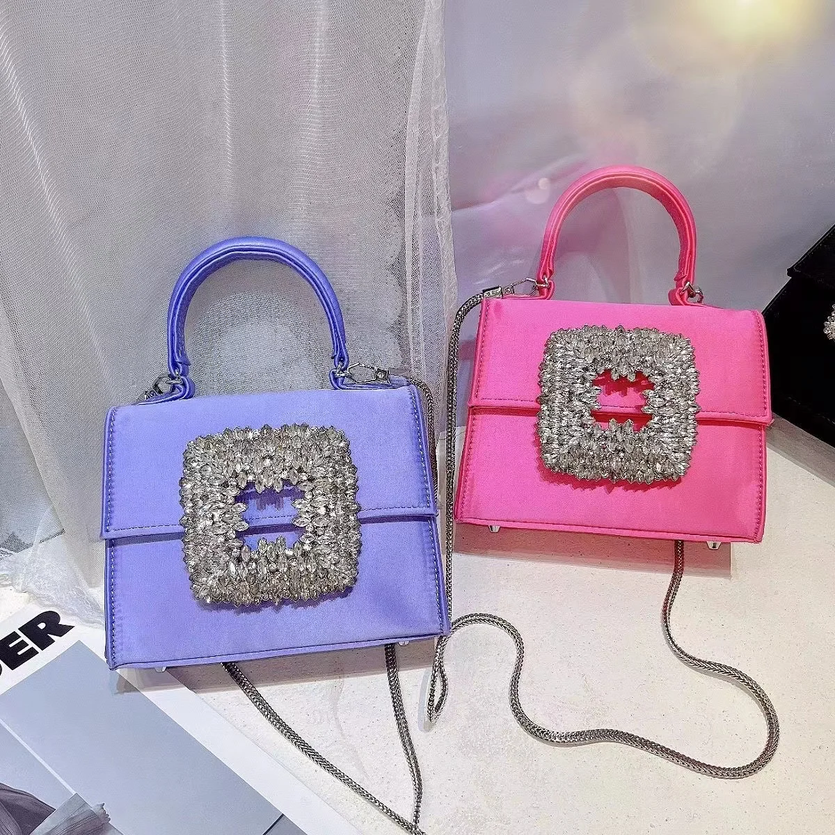 Luxury Designer Satin Square Bag Rhinestone Diamond Evening Bag Wedding Party Clutch Purse Women Handbag Shoulder Messenger Bag