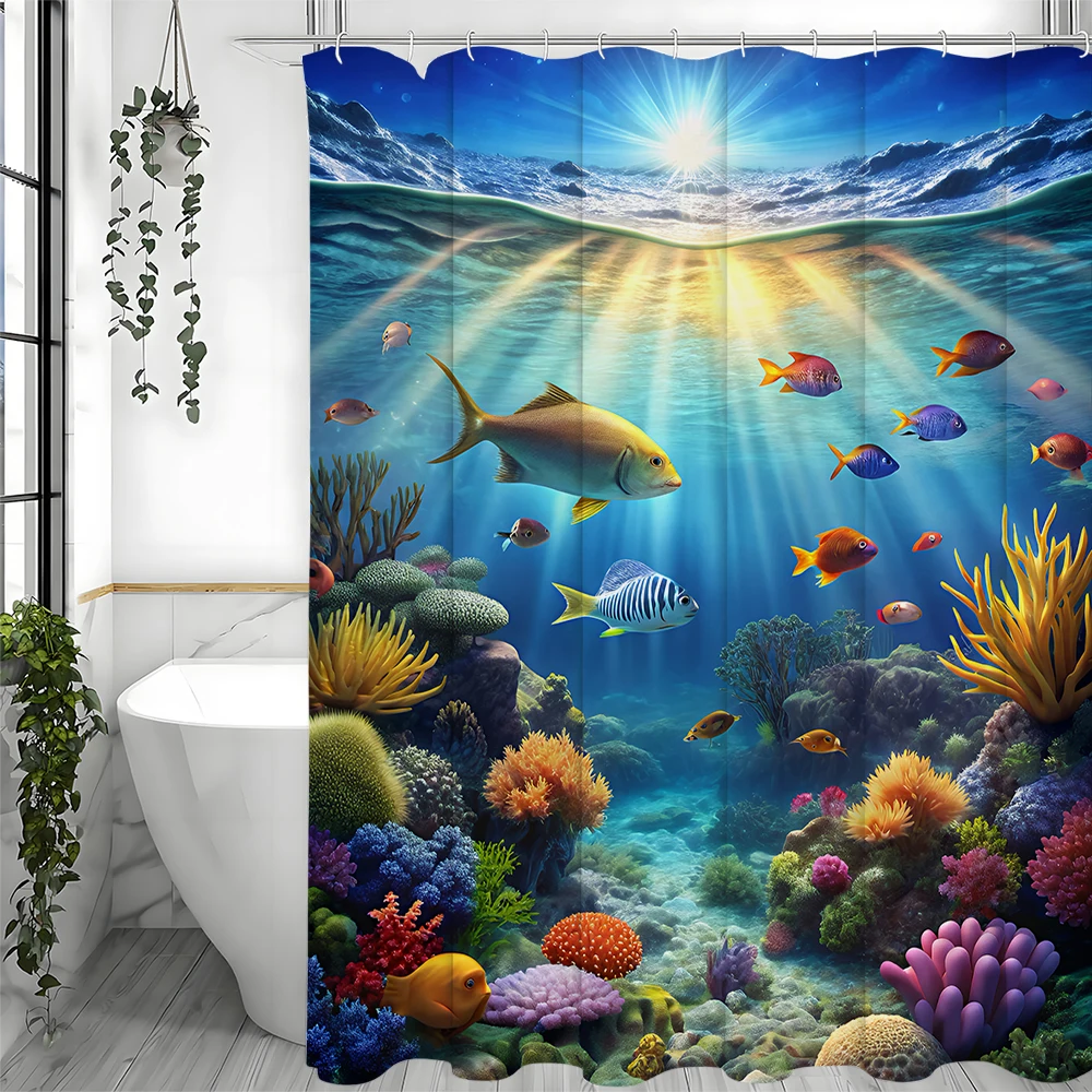 Фото Подводная занавеска для душа с изображением разноцветных рыбок, кораллового рифа, солнечных лучей и морских обитателей, декор для тропической ванной комнаты №3