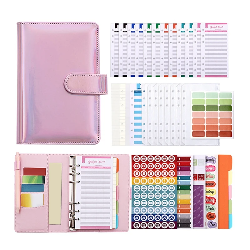 

Macaron A6 Leather DIY Binder Notebook Cover Diary Agenda Planner Paper Cover Zipper Money Saving Envelope,Pink