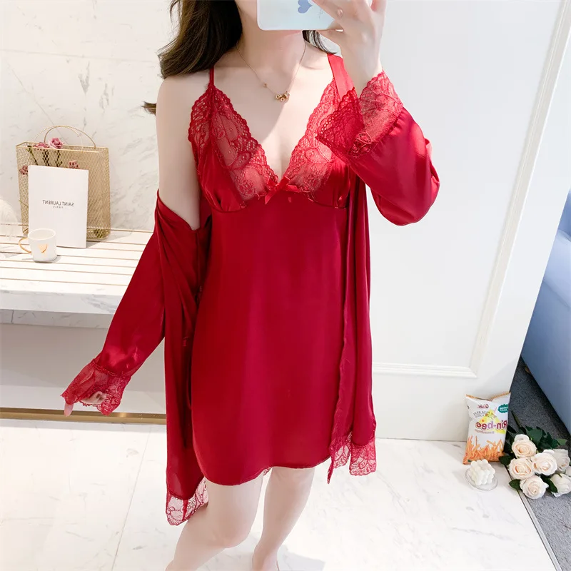 

Sexy Lace Kimono Robe Set Novelty Home Clothing Bathrobe Gown Satin Short Sleepwear Women Casual Nightwear Intimate Lingerie