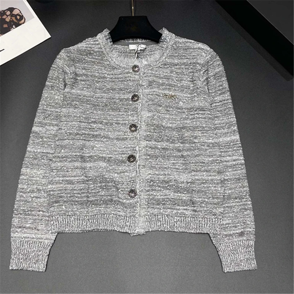 

Grey Cardigan Women With Lace Neck 2023 Autumn New Cashmere Knitted Tank Top Luxury Design Crystal Brooch Sweather