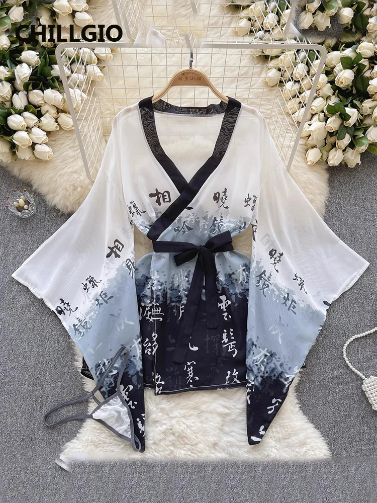 

CHILLGIO Women Sexy Print Pajamas Suits Vintage Fashion Erotic Cosplay Costume Dress Thongs Chinese Hanfu Transparent Nighgowns