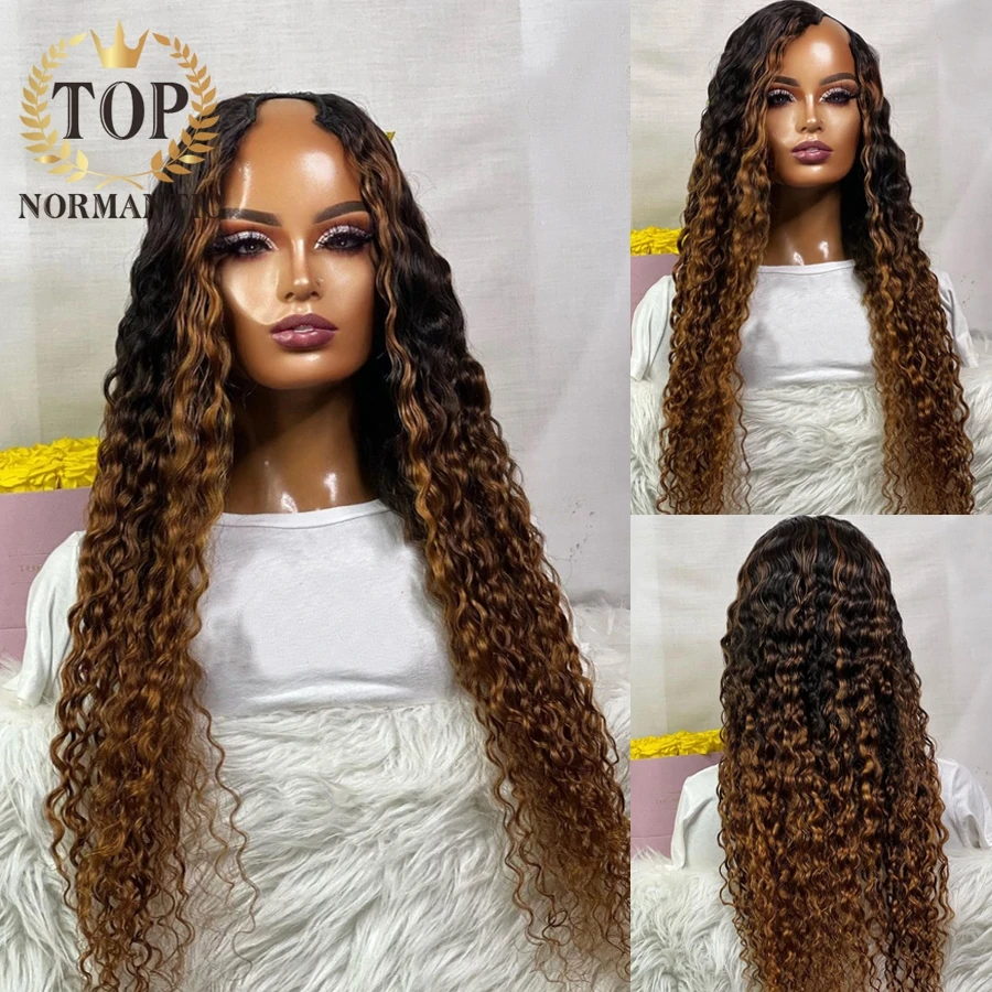 Topnormantic-Peluca de cabello humano brasileño Remy para mujer, postizo de onda natural en U, ombré Color marrón, parte en U