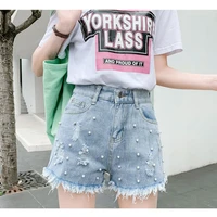 high waist summer denim shorts women korean style hollow out tassel pearls short jeans vintage jean shorts