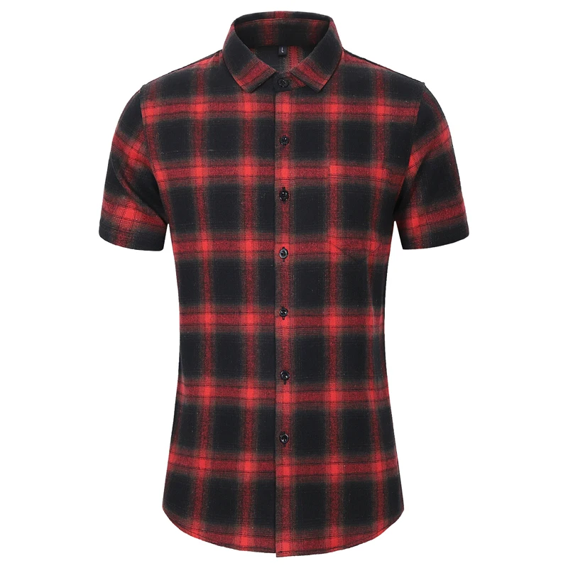 

Summer Men's Short Sleeve Classic Black Red Plaid Shirt USA Size XS-2XL