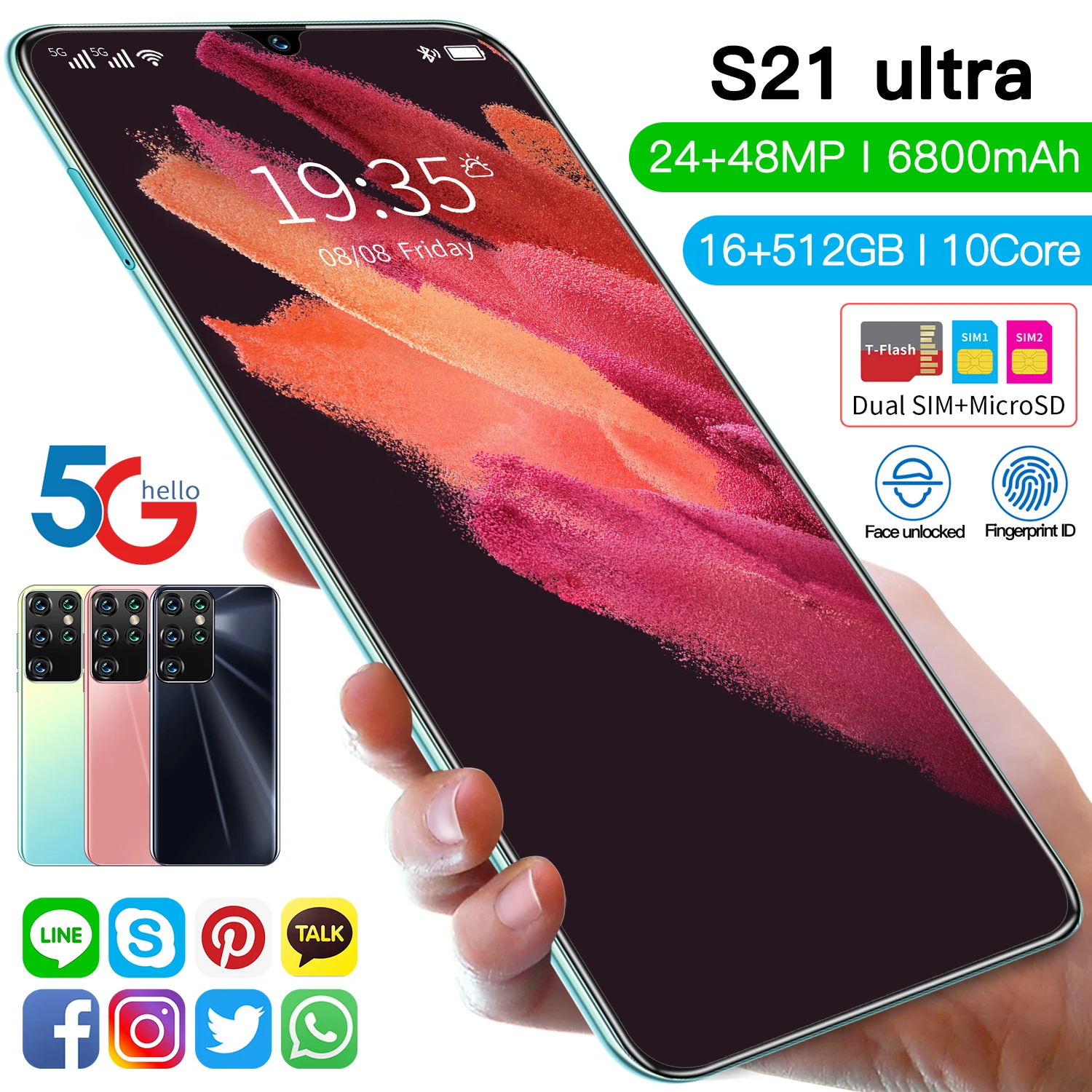 

Celular S21 Ultra смартфон с 5,5-дюймовым дисплеем, четырёхъядерным процессором, ОЗУ 16 ГБ, ПЗУ 6800 ГБ, 7,1 мАч, Android 10