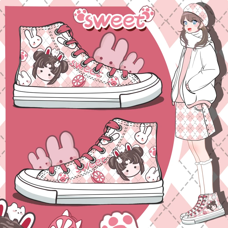 

Amy and Michael Kawaii Girls Students Hand Painted Canvas Shoes High Top Breathable Flat Sneakers Spring Woman Vulcanize Shoes