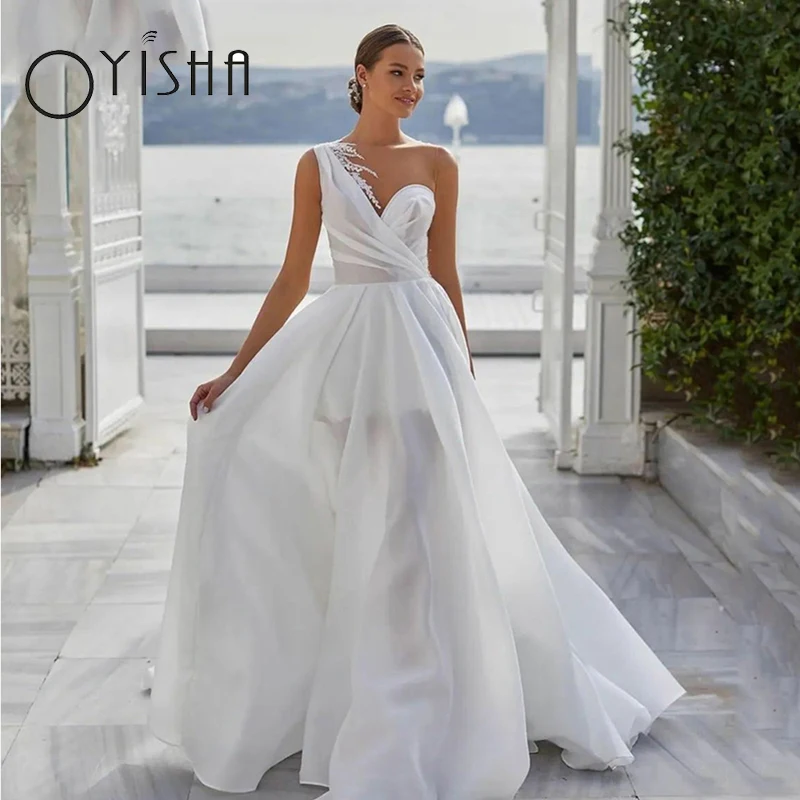 

Oyisha Modern Wedding Dresses For Women 2023 Organza Lace Illusion Tulle One Shoulder Bride Gowns Vestido De Novia Sweep Train