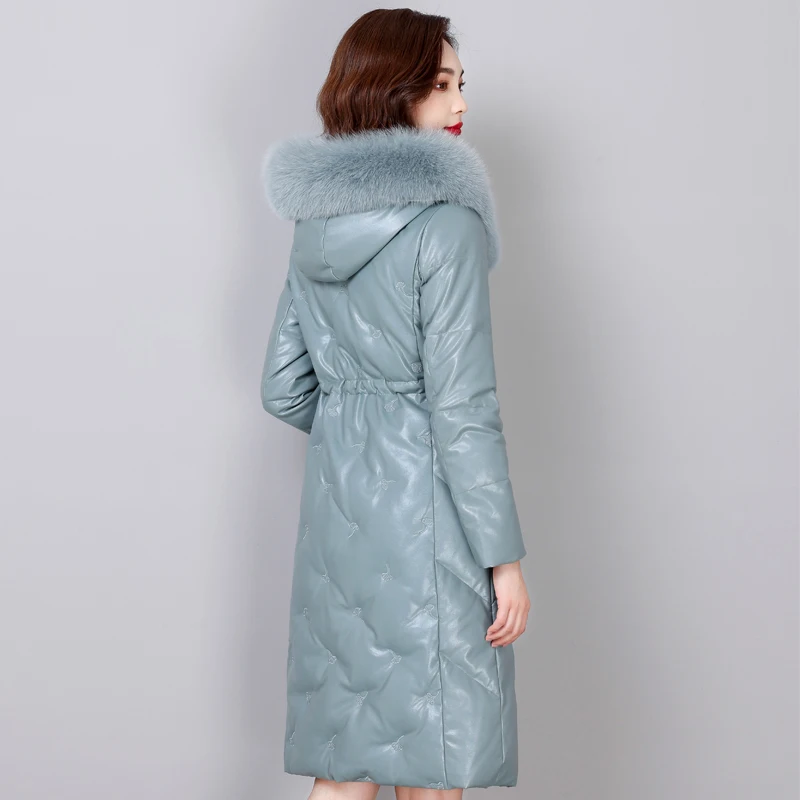 Real Fox Fur Collar Winter Women Long 90% White Duck Down Coat Zipper Hooded Over The Knee Parkas Fashion Down Leather Jacket