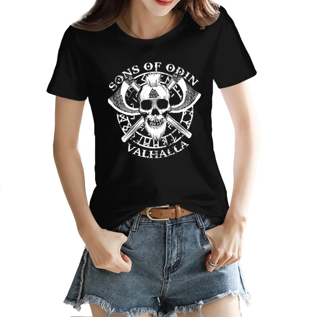 

SONS OF ODIN Viking Valhalla Thor Rune Val Women's T-shirt Vintage Black Graphic Tops Tees European Size