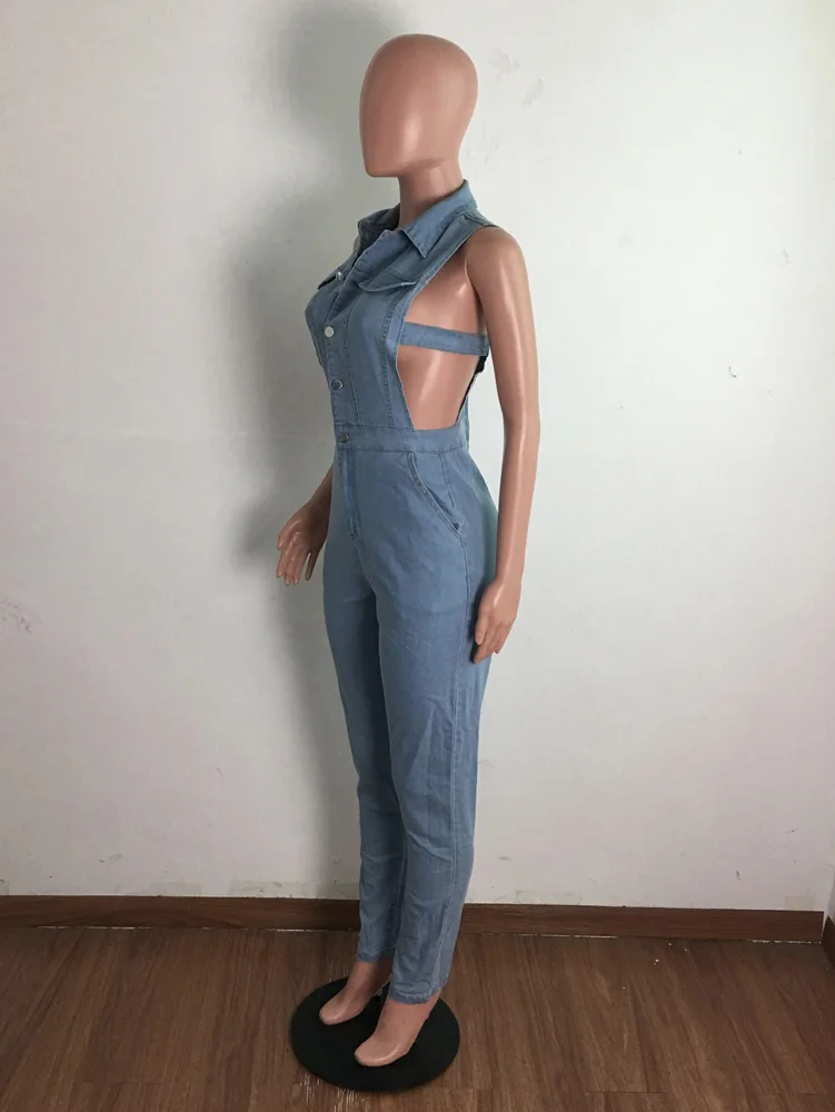 Women Denim Jumpsuit Hollow Out Sleeveless Turn-down Collar Single Breasted Stretchy Jumpsuits Fashion Outfit Summer Fashion