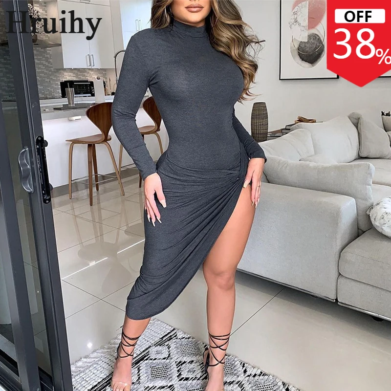 

Wholesale Stand Collar Dresses for Women High Waist Solid Color Fashion Draped Bodycon Dress Irregular Hem Party Club Dress 2022