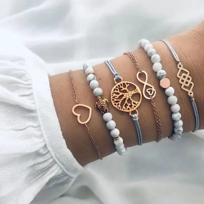 

6PC Explosive accessories European and American ladies woven bracelets love tree 8 character turtle beaded bracelet set