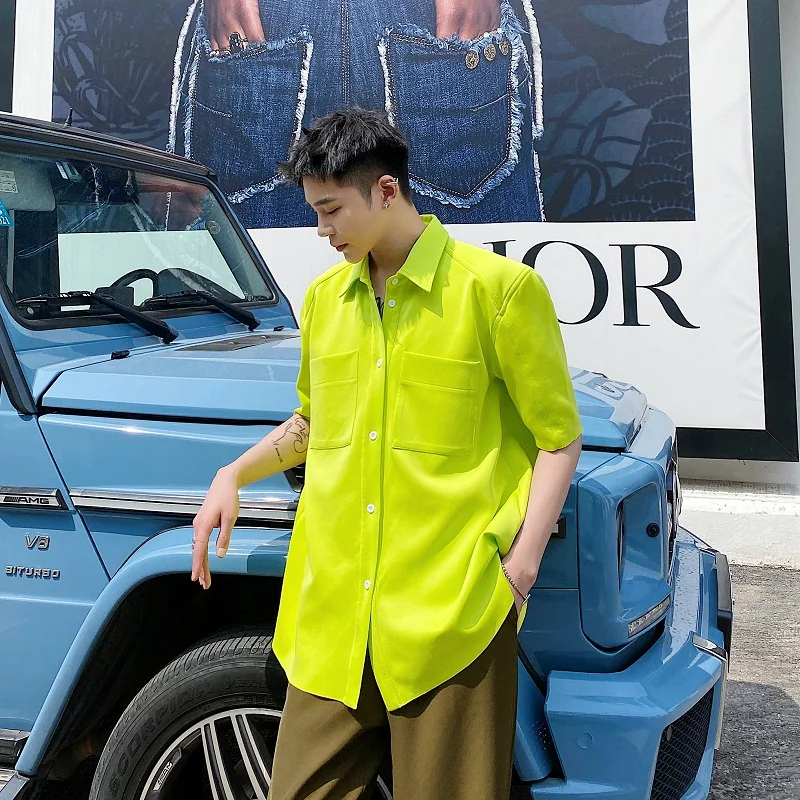 Флуоресцентная желтая синяя мужская рубашка с коротким рукавом корейская мода